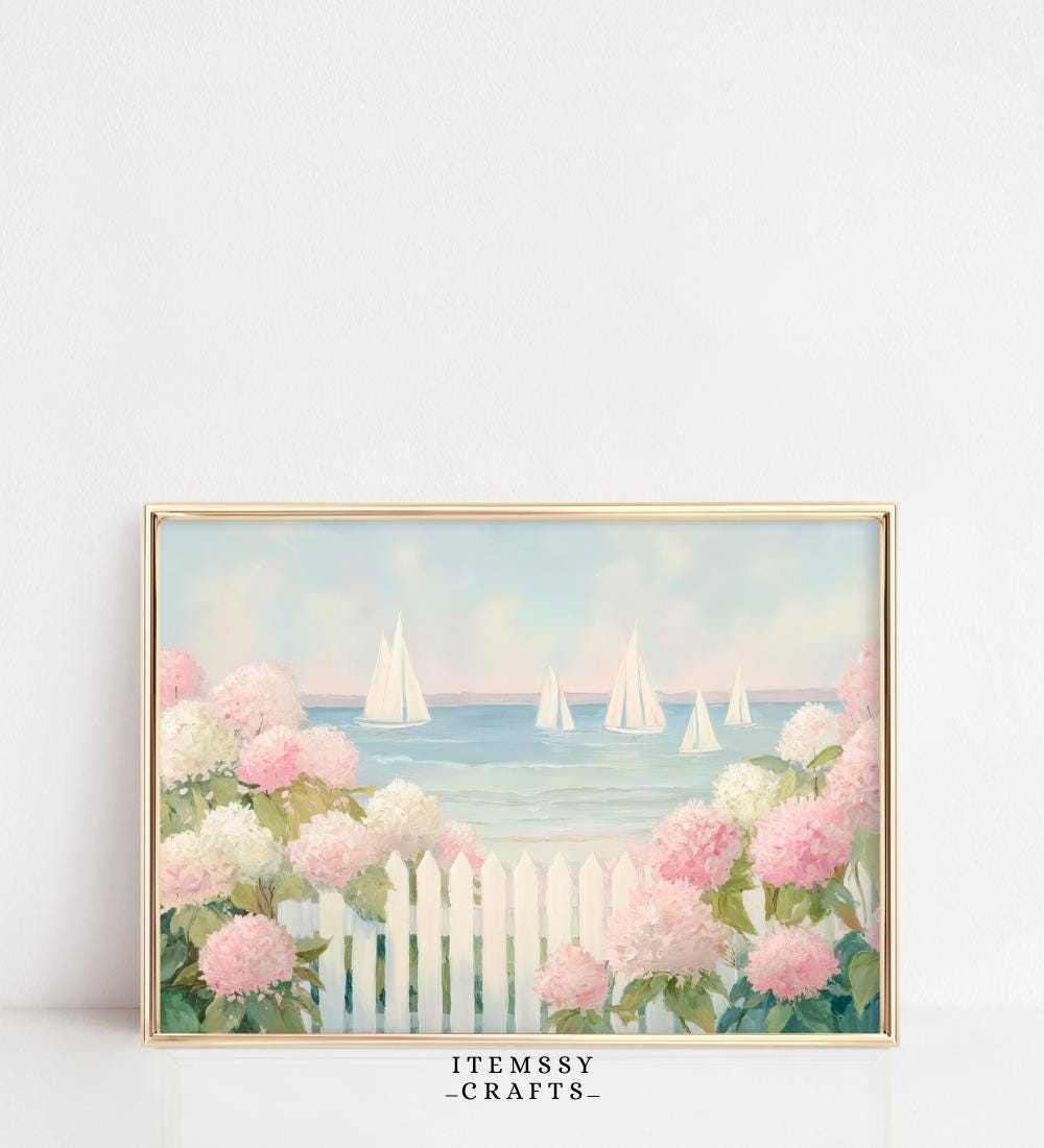 Pink Hydrangea Sailboat Coastal Painting wall art print