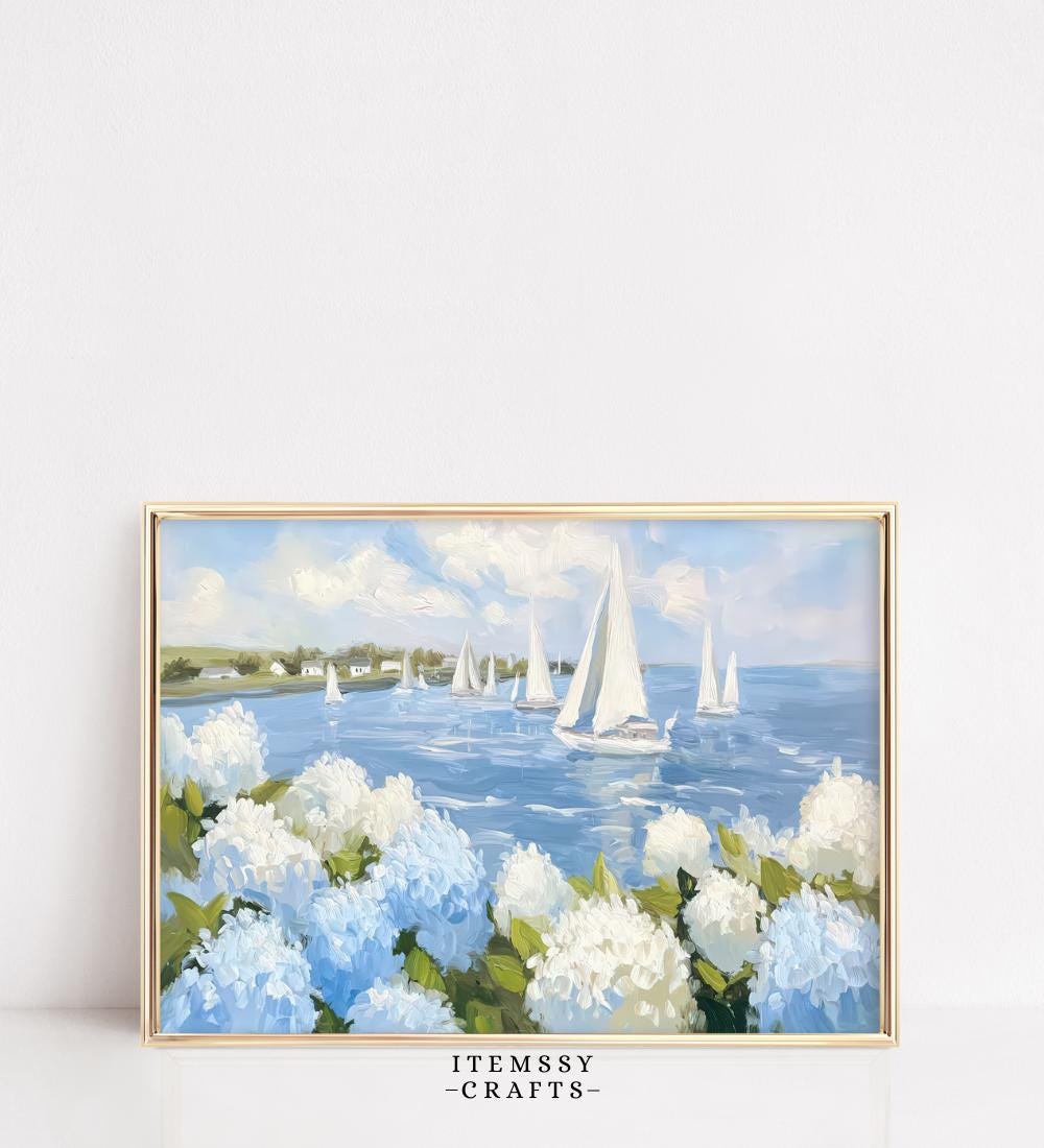 Sailboats and Blue Hydrangeas wall art print