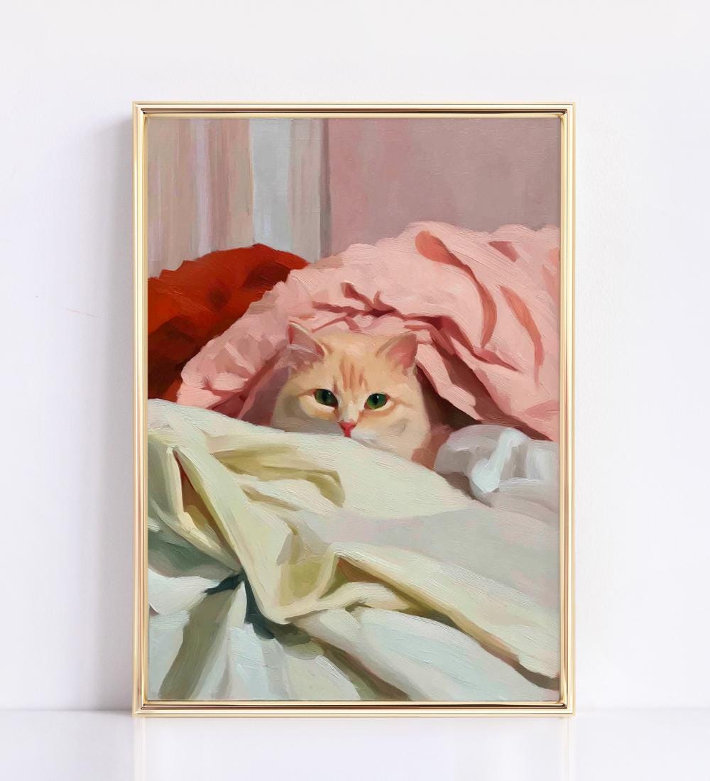 Cozy Cat Wall Print, Sleepy Ginger Painting, Soft wall art print
