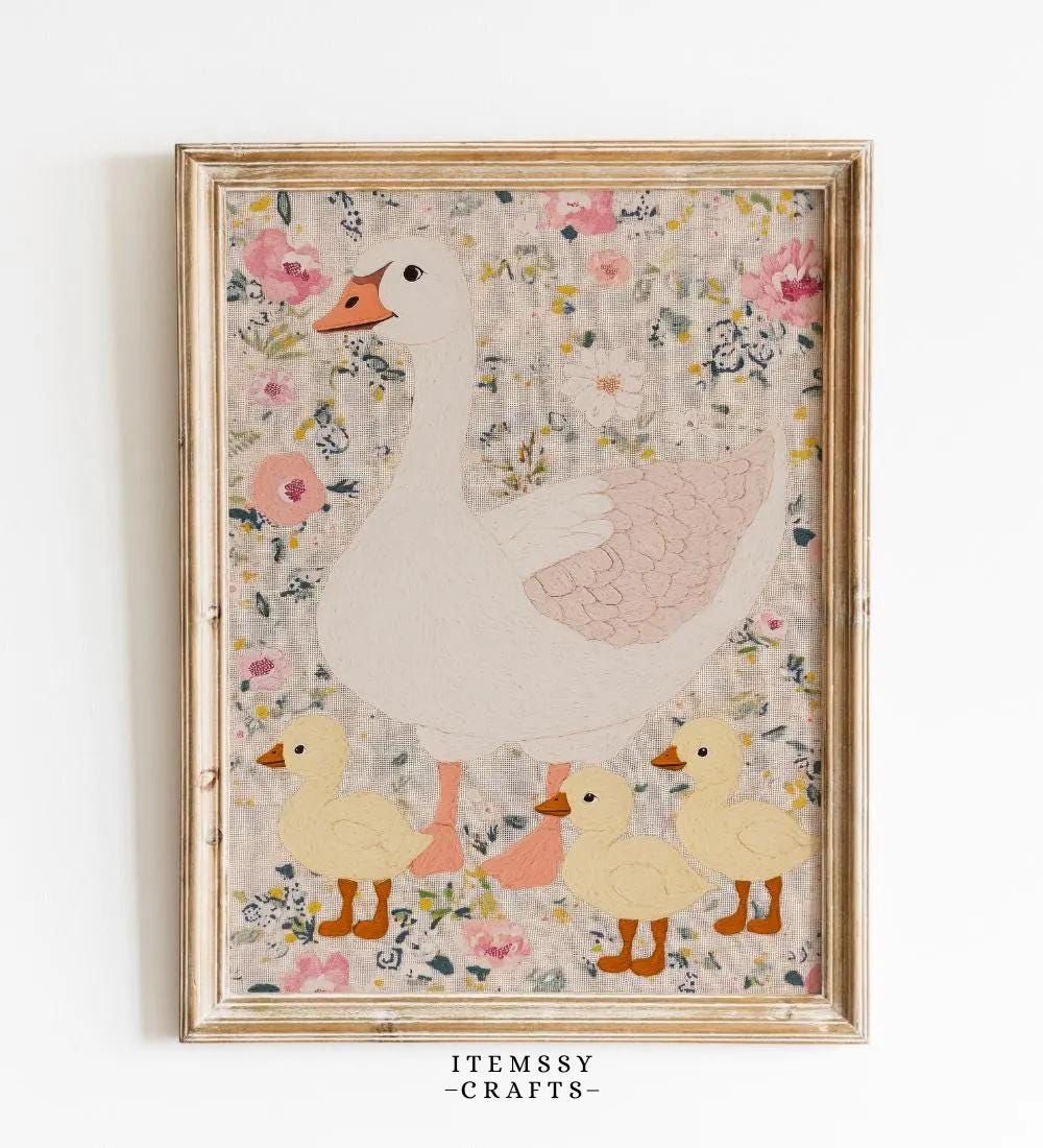 Mother Goose with Ducklings Floral Folk wall art print