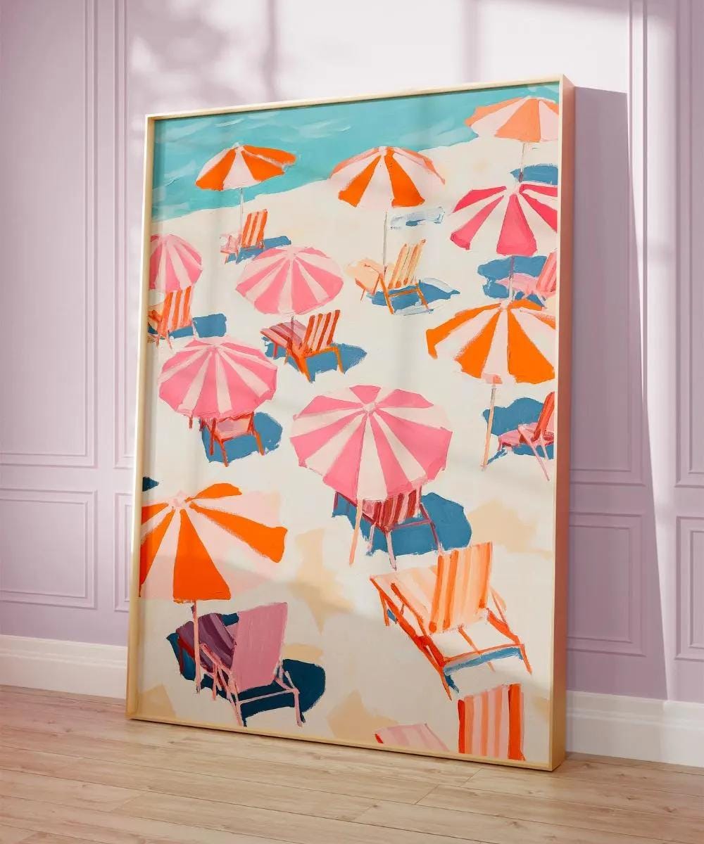 Pink Beach Umbrella Painting wall art print