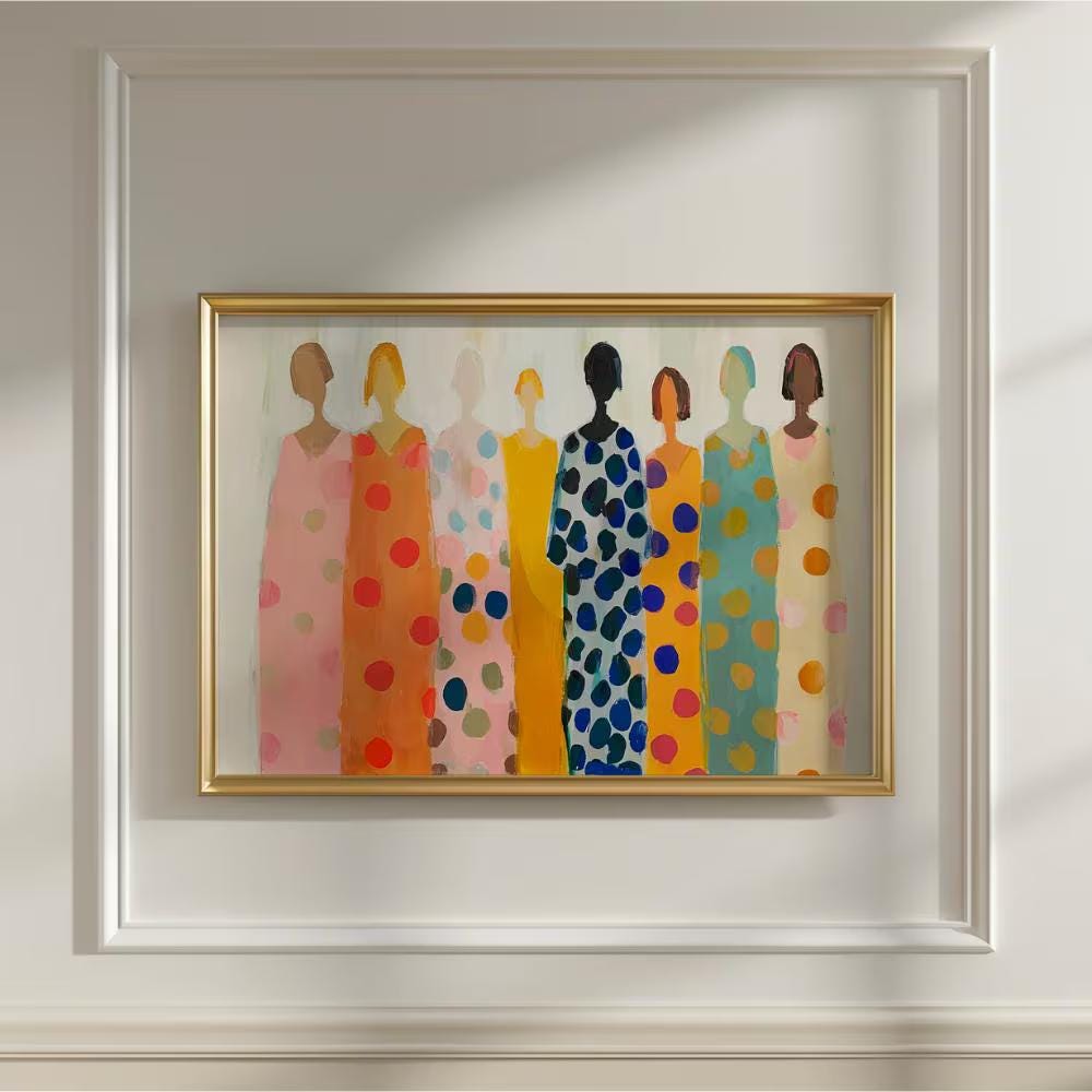 Seven Women in Colorful Polka Dot Dresses wall art print