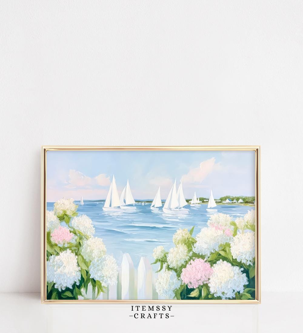 Coastal Sailboat Hydrangea Wall wall art print