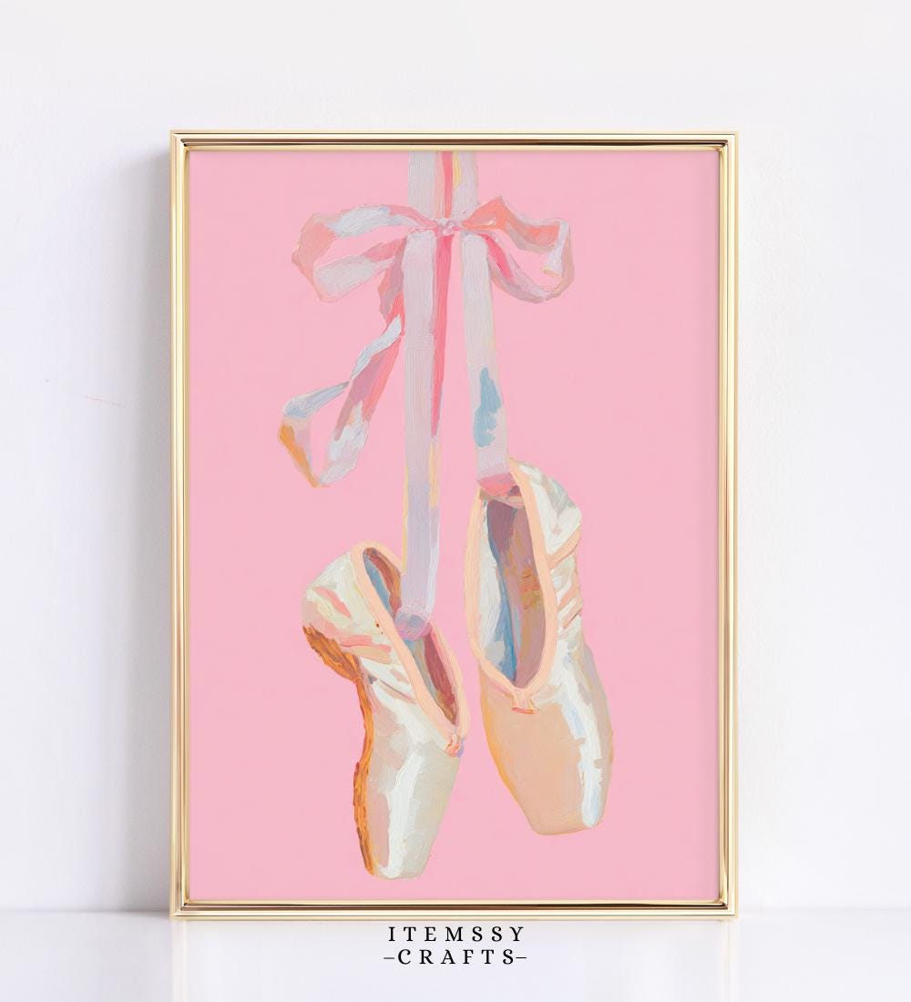Pink Ballet Pointe Shoes Hanging with Pale Ribbon wall art print