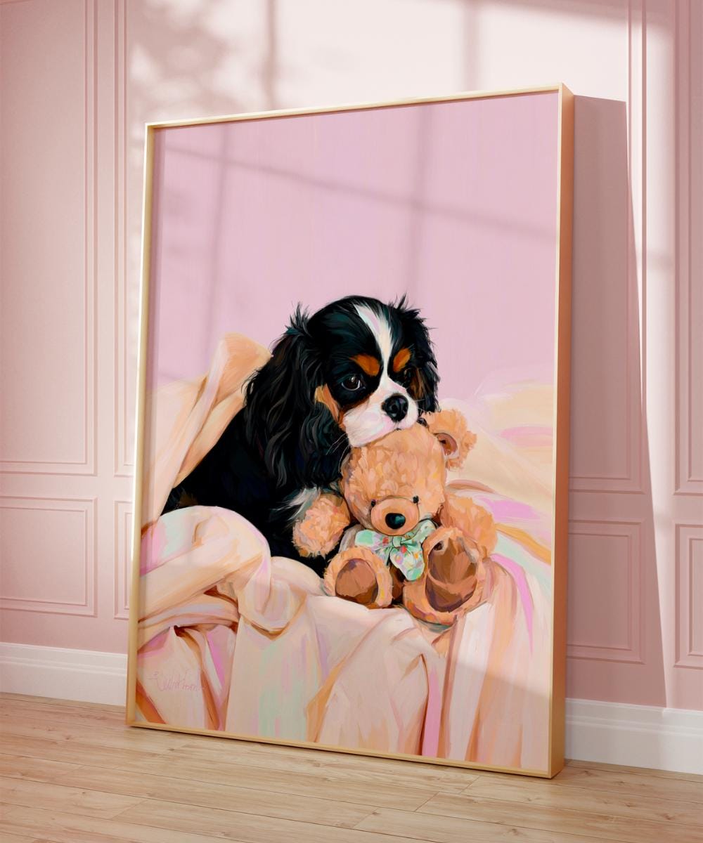 Cute Puppy with Teddy Bear wall art print