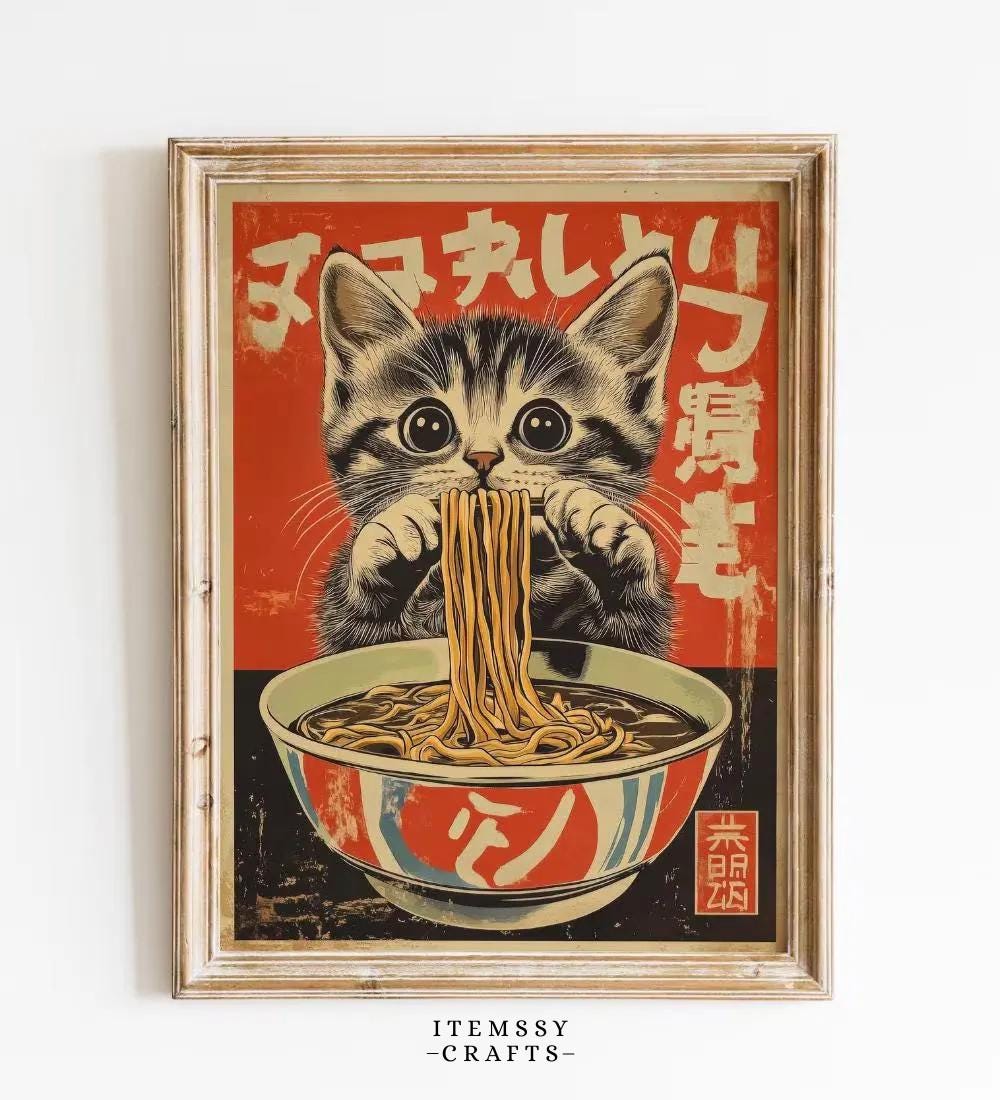 Vintage Cat Ramen wall art print