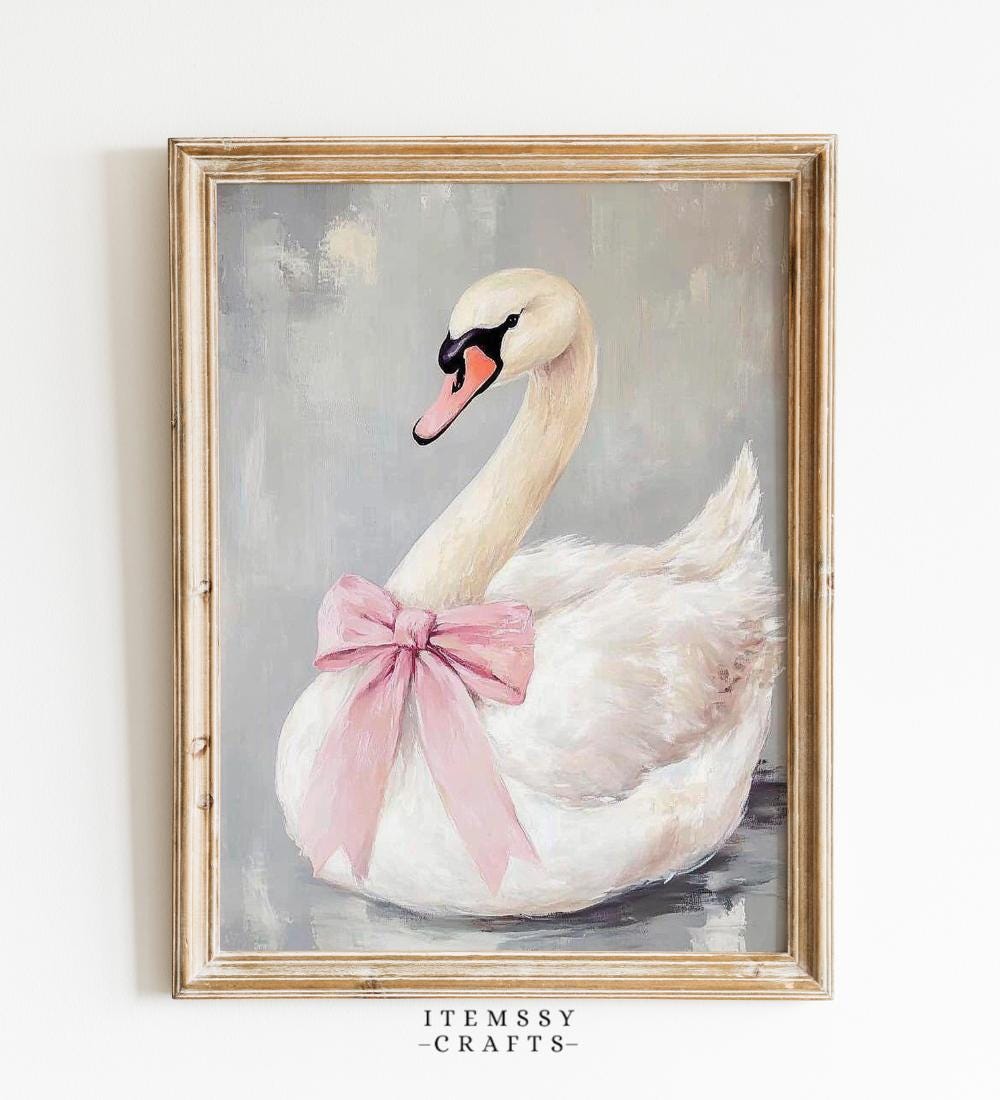 Swan with Pink Bow Wall wall art print