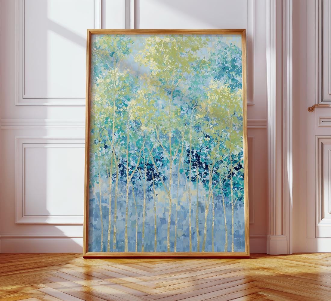 Teal Blue Birch Tree Wall wall art print