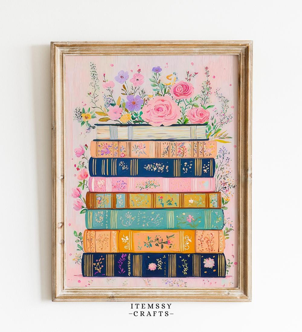 Floral Book Stack Painting wall art print