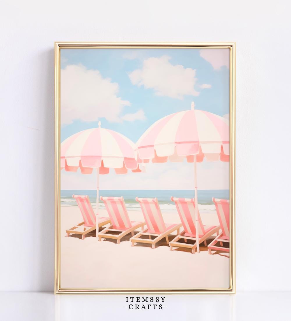 Pink Beach Chairs & Umbrellas wall art print