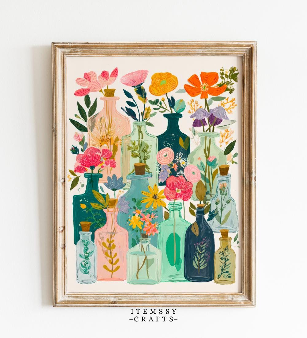 Vintage Flower Bottles wall art print
