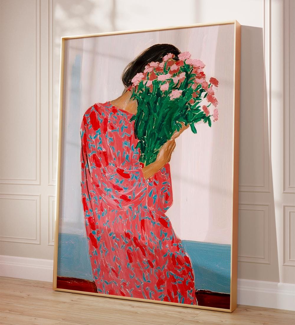 Woman in Pink Floral Dress Holding Flower Bouquet wall art print