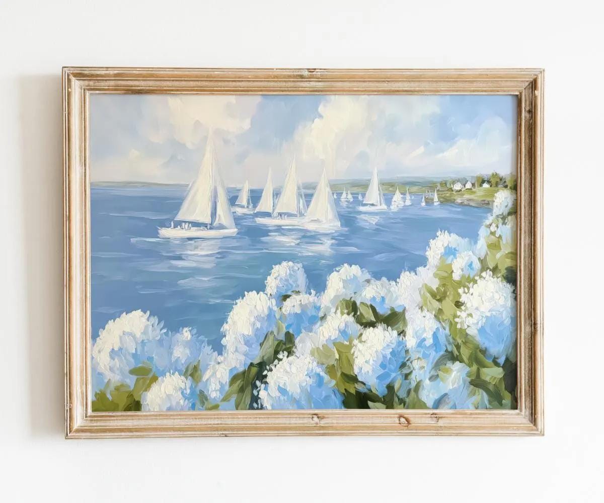 Sailboats and Blue Hydrangeas wall art print