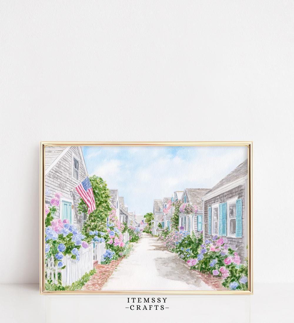 Hydrangea Coastal Street Watercolor wall art print