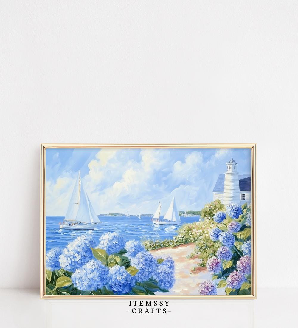 Blue Purple Hydrangea Garden Path with Sailboats wall art print