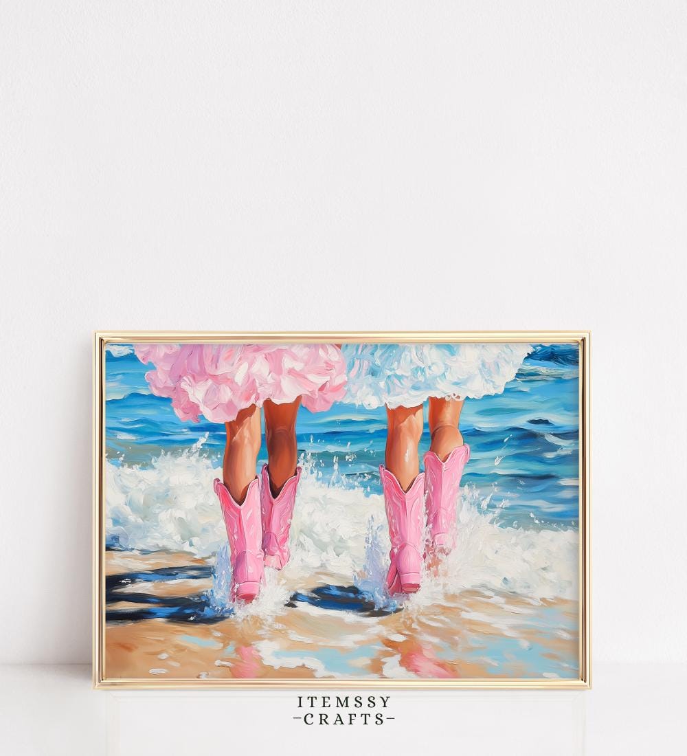 Pink Cowboy Boots Beach Wall wall art print