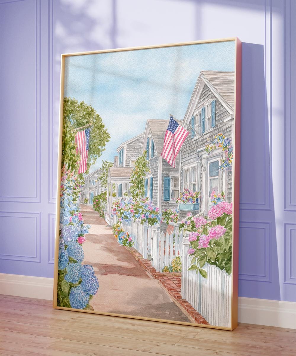 Nantucket Cottage Street Watercolor wall art print
