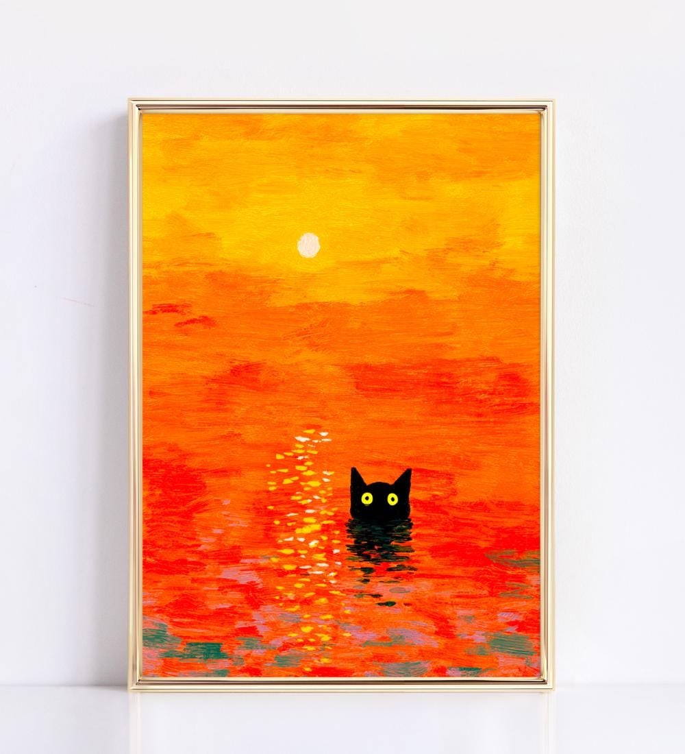 Black Cat Sunset Ocean Wall wall art print