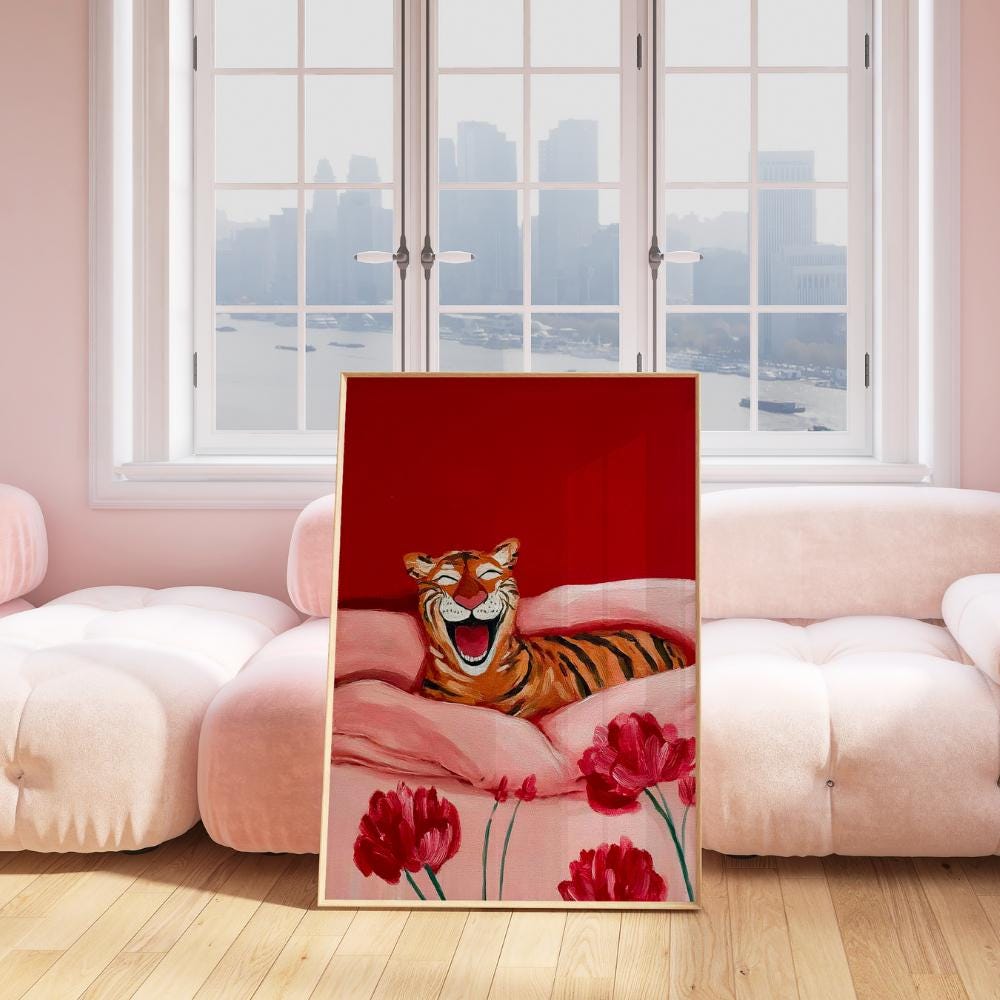 Happy Tiger in Bed Wall wall art print