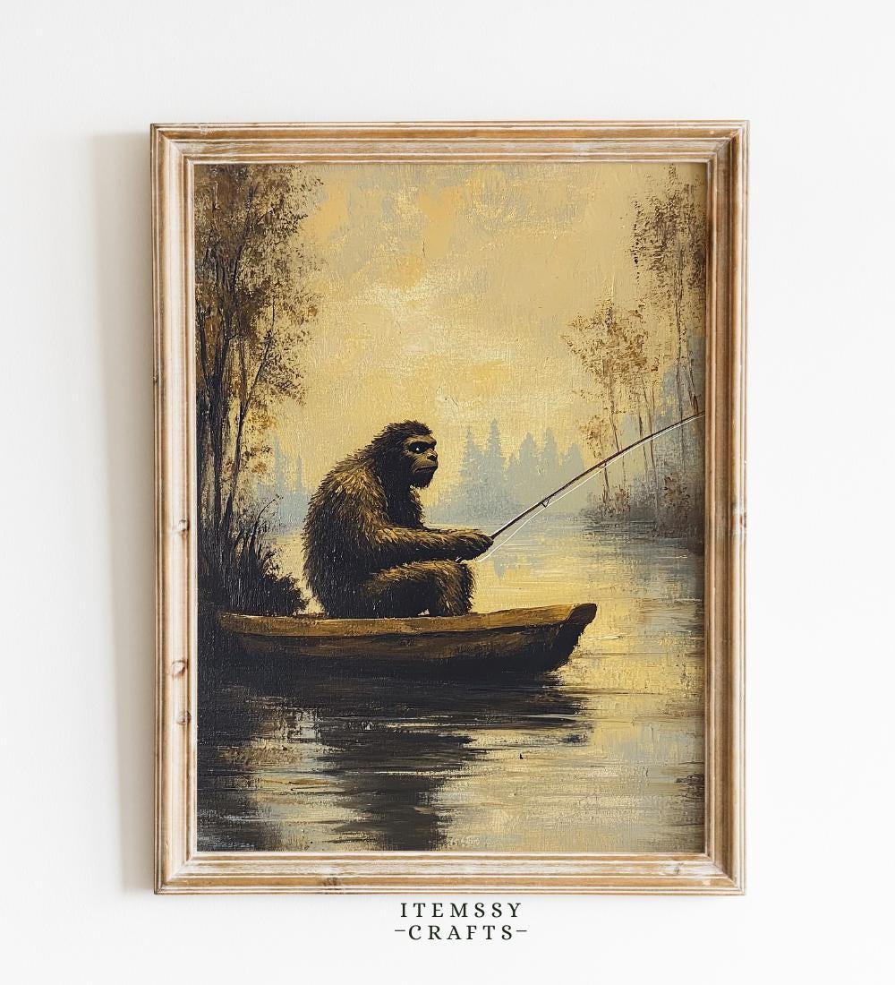 Bigfoot Fishing Wall wall art print