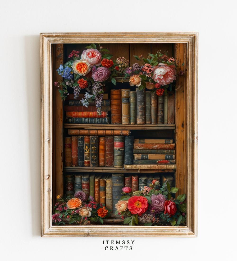 Vintage Books and Flowers Wall wall art print