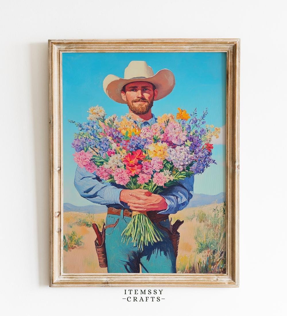 Cowboy with Flowers Wall wall art print