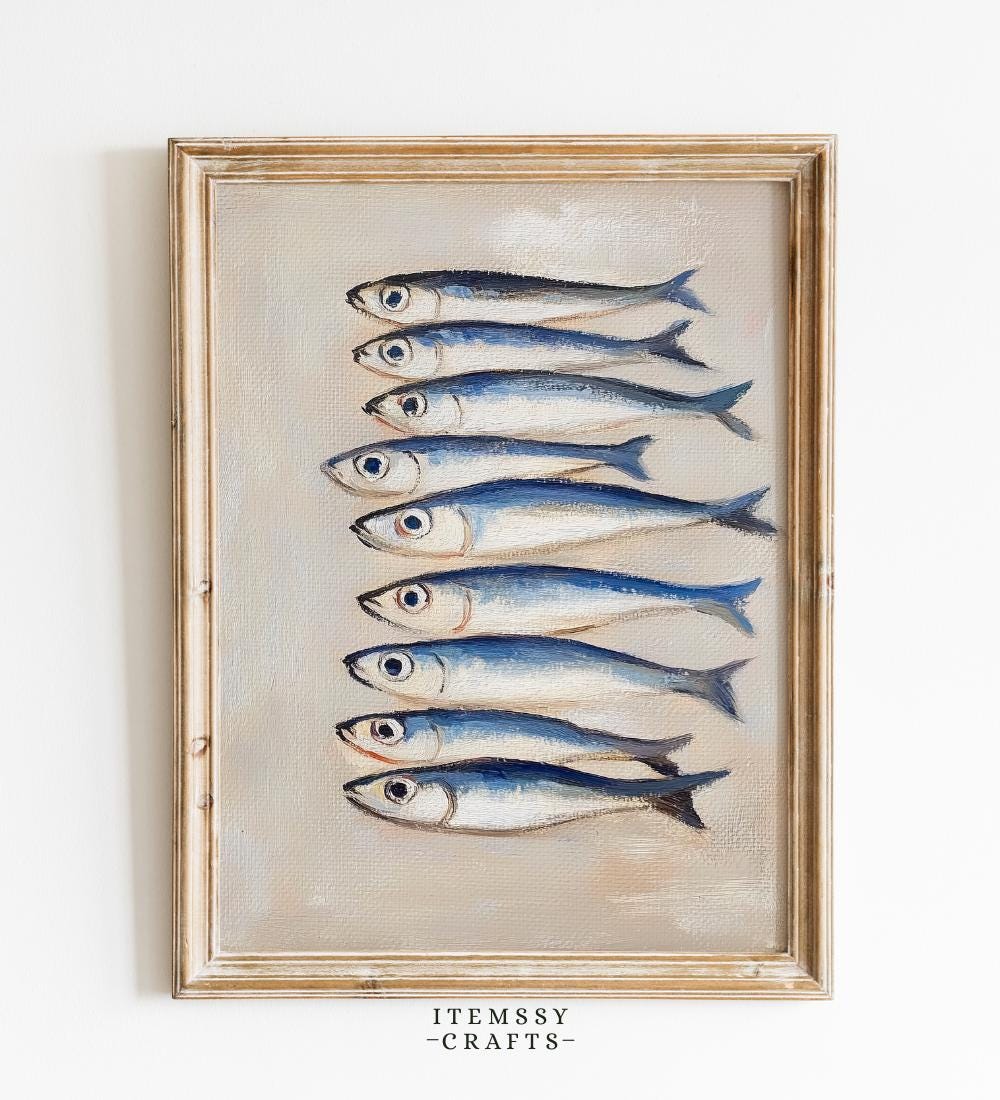 Sardine Print | Minimalist Blue White Fish wall art print