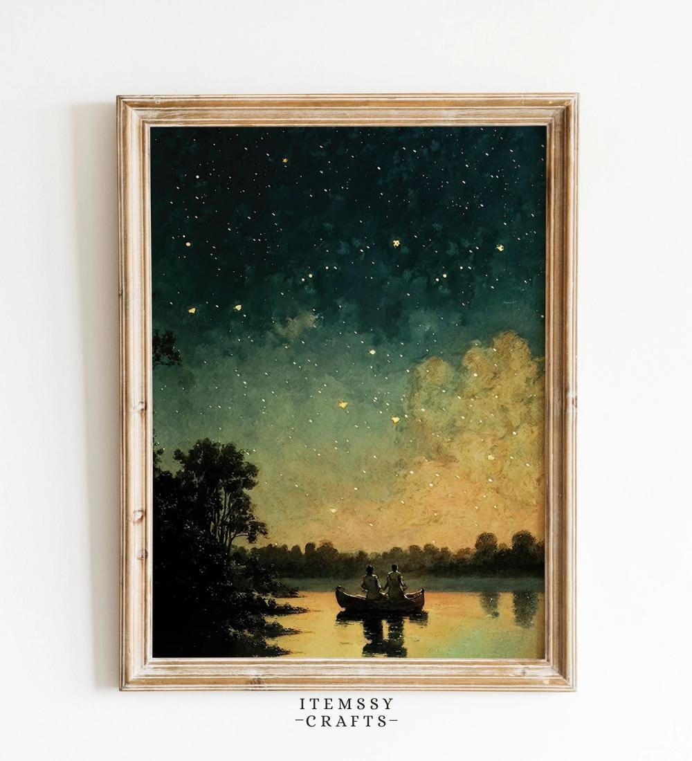 Couple Stargazing Canoe Wall wall art print
