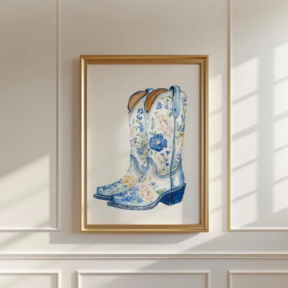 Floral Cowboy Boots Wall wall art print
