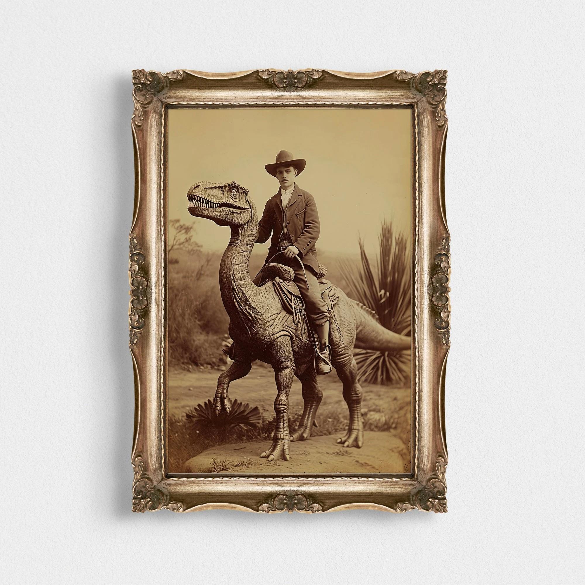 Cowboy Riding Dinosaur Vintage wall art print