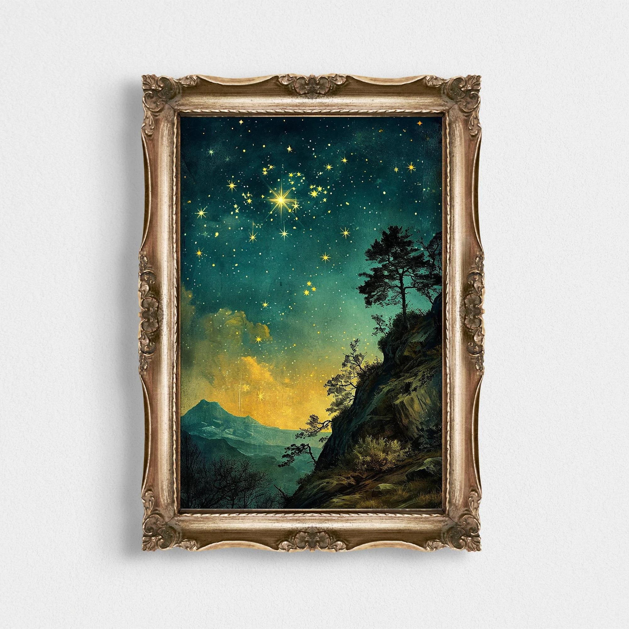 Vintage Starry Night Mountain Forest wall art print
