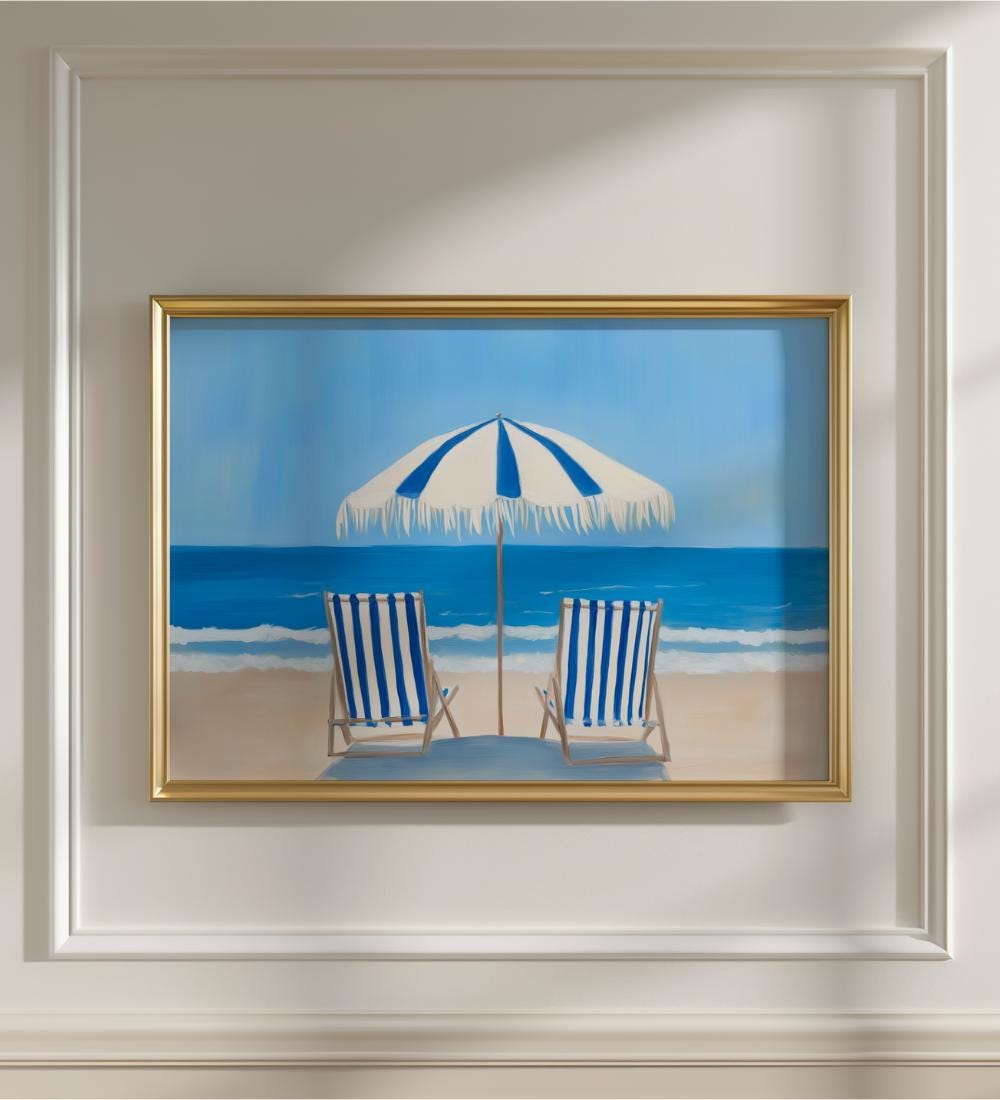 Blue Striped Beach Chairs Wall wall art print