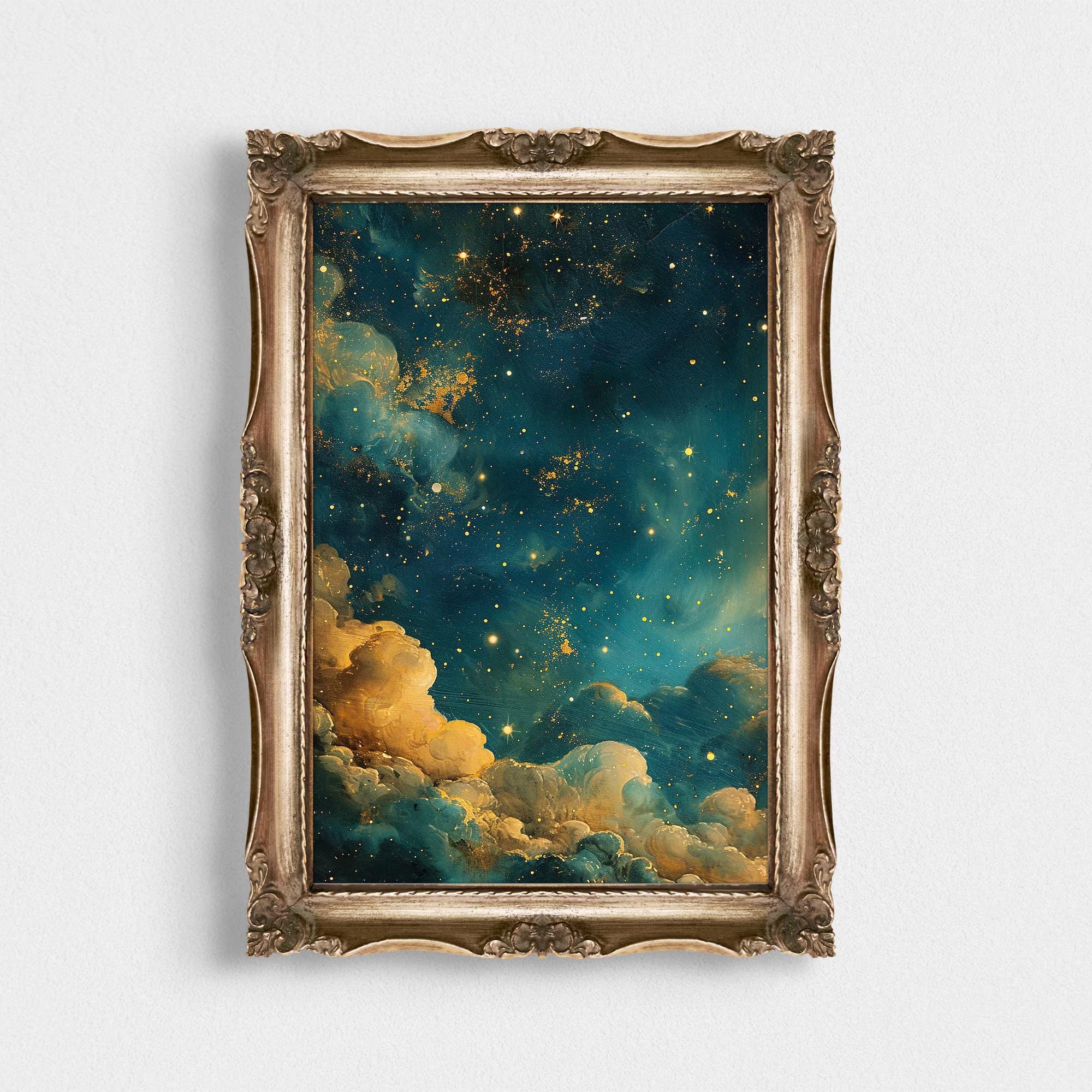Teal Gold Celestial Night Sky Wall wall art print