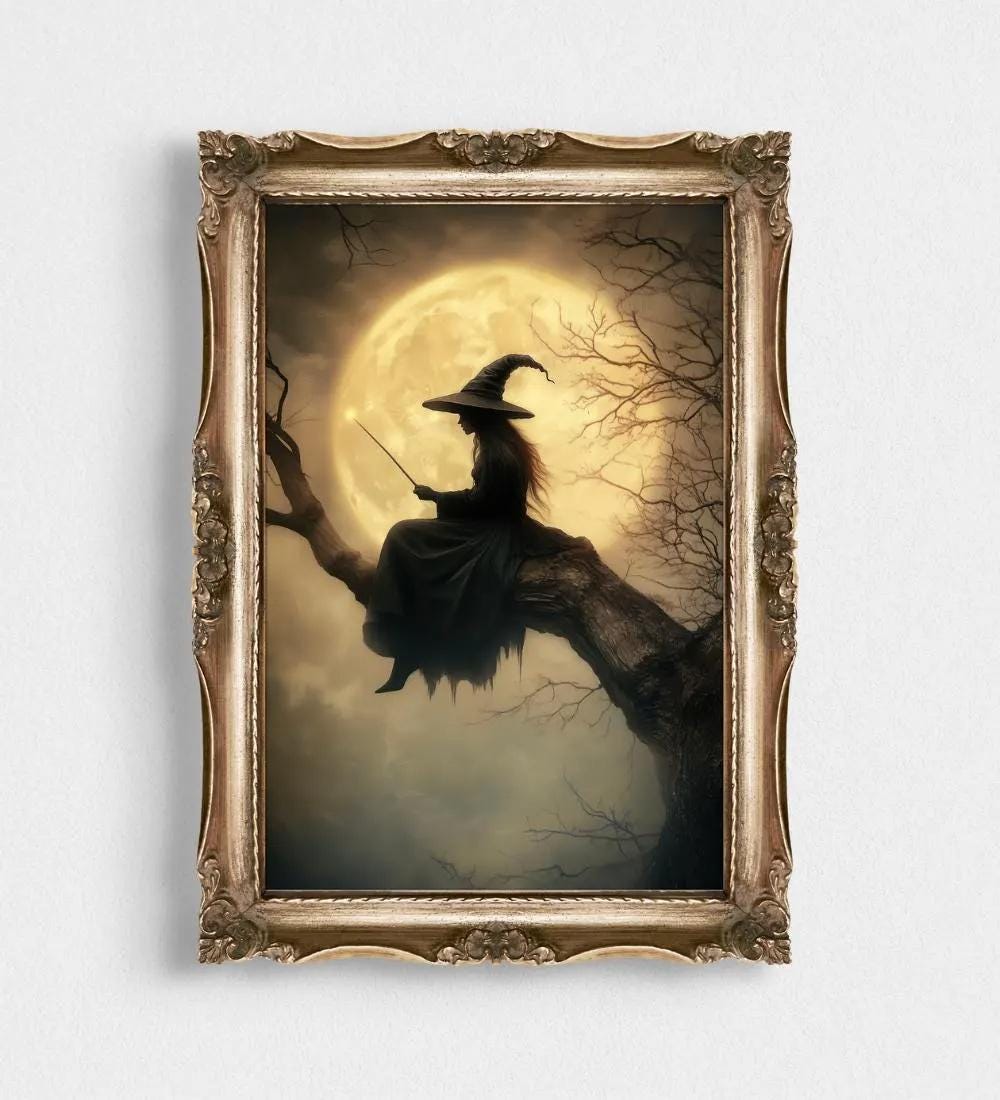 Witch Full Moon Tree Wall Art Print, Vintage Dark wall art print