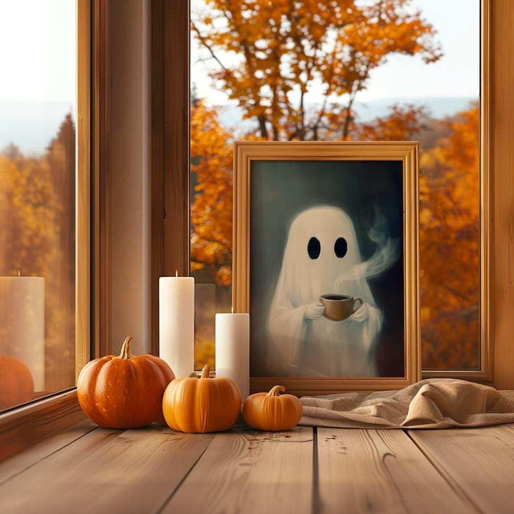 Cute Ghost Drinking Coffee wall art print