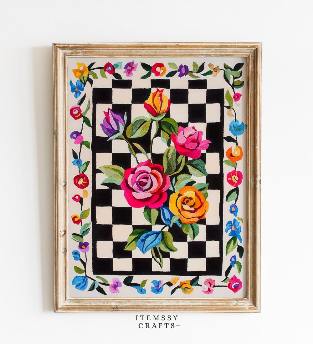 Checkered Rose Folk wall art print