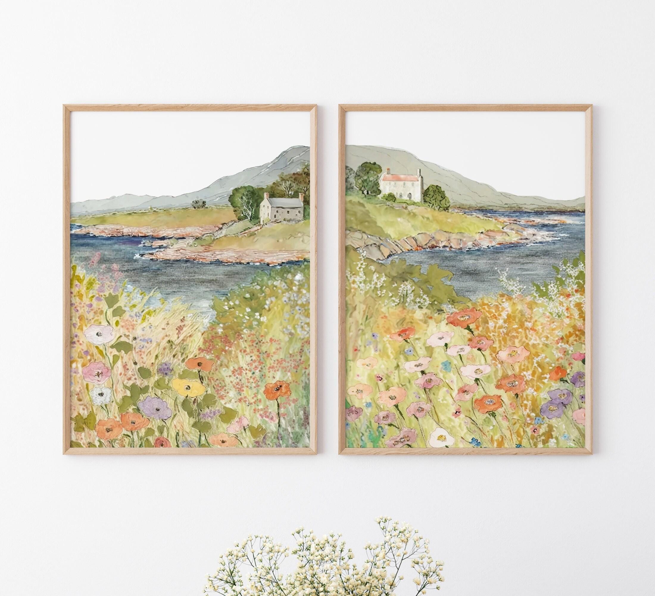 Wildflower Coastal Cottage Landscape Set of 2 Art wall art print