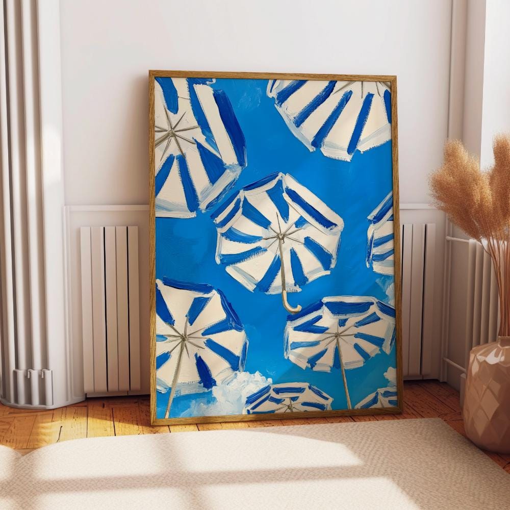 Blue and White Beach Umbrella wall art print