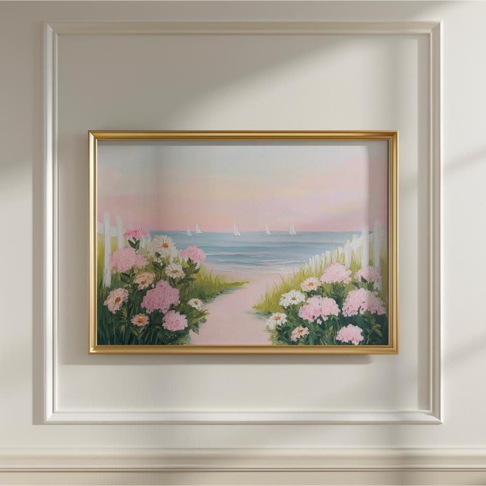 Pink Hydrangea Beach Path Coastal Painting wall art print