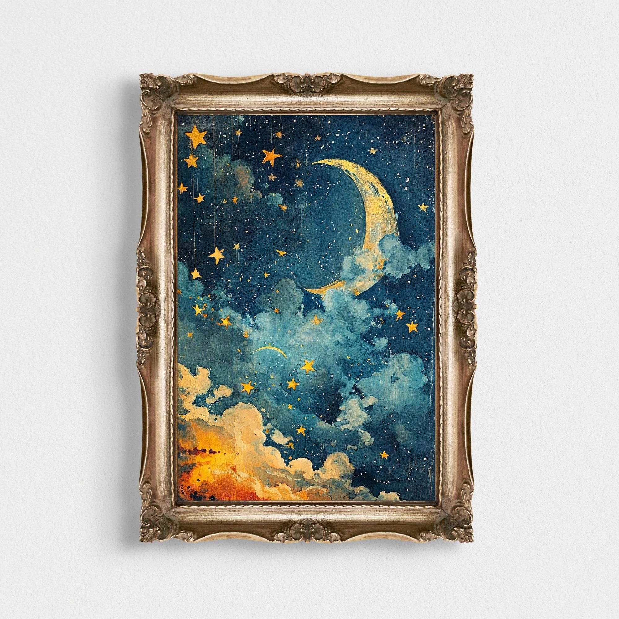 Crescent Moon Gold Stars Night Sky wall art print