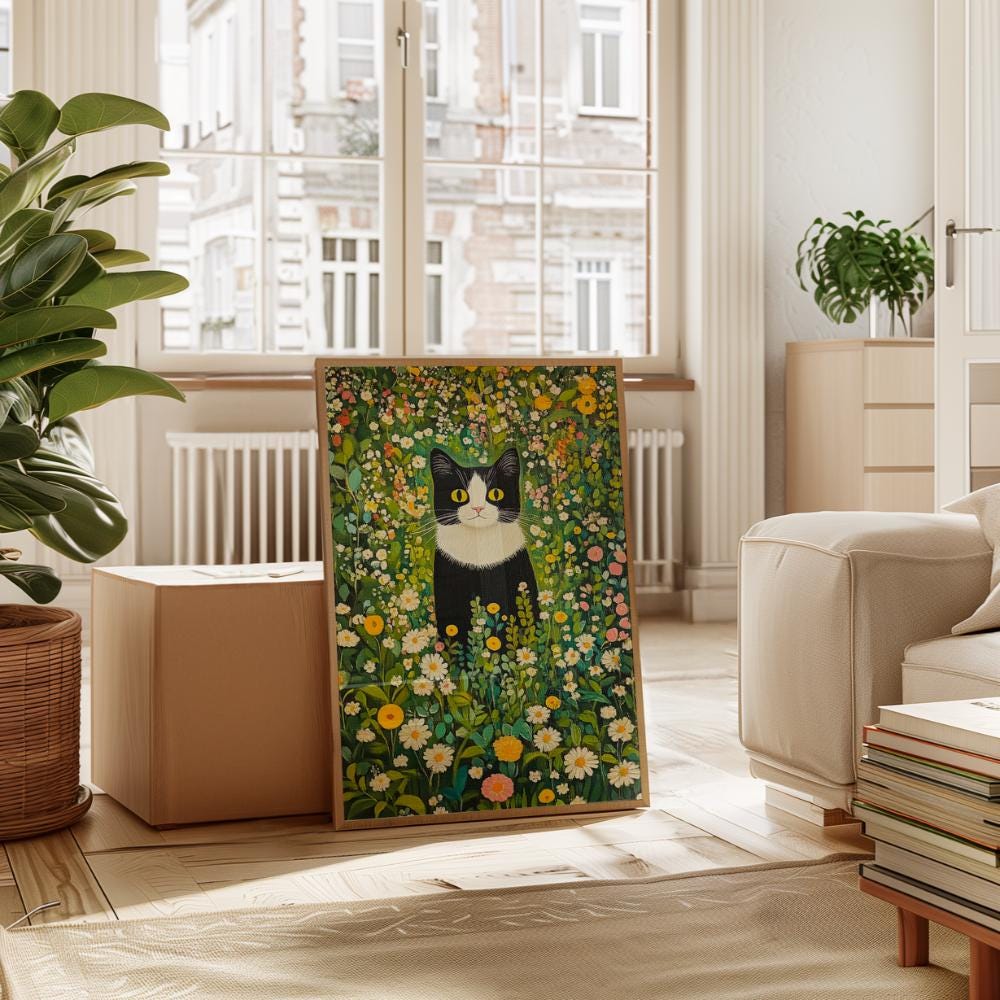 Tuxedo Cat Wildflower Garden wall art print