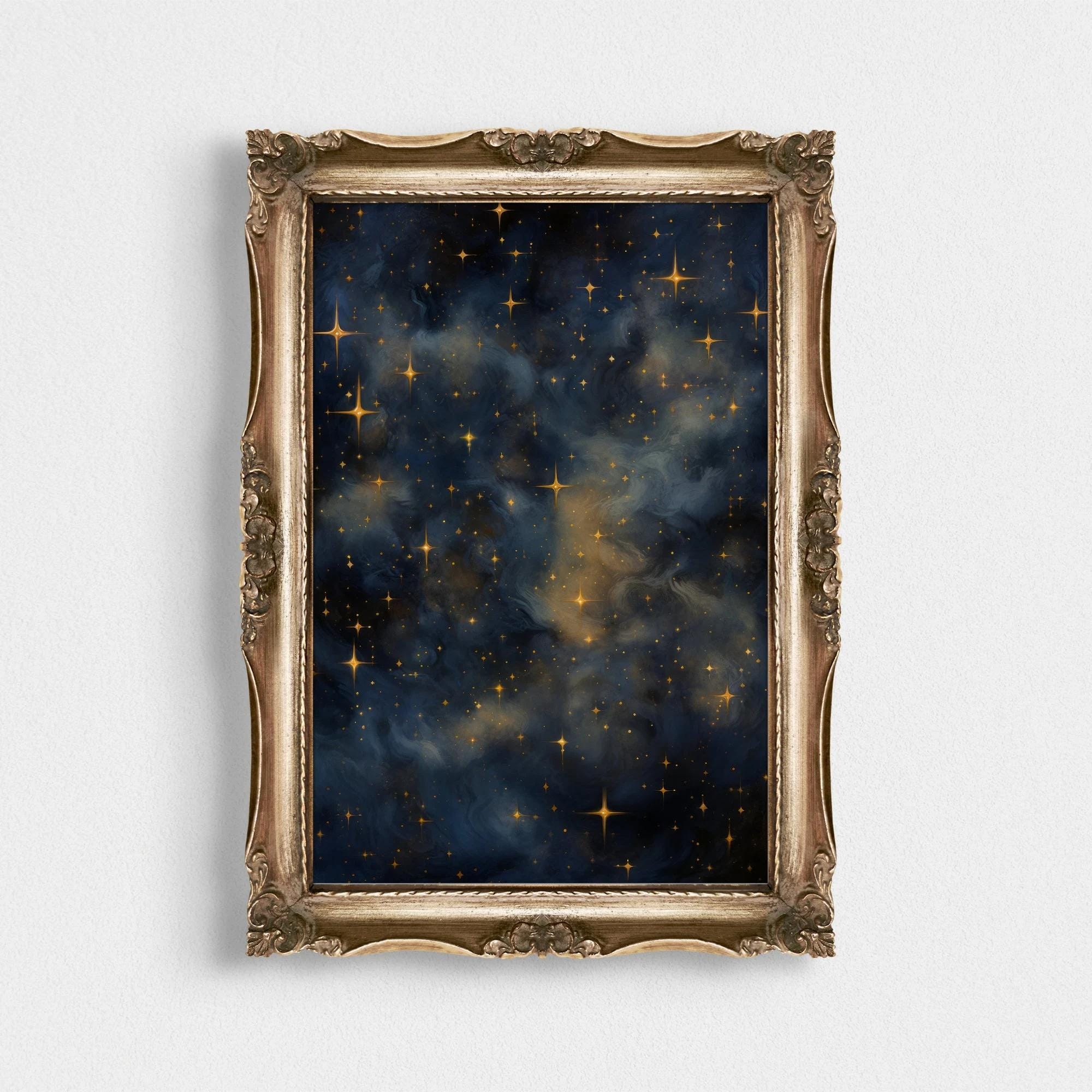 Dark Navy Gold Star Galaxy wall art print
