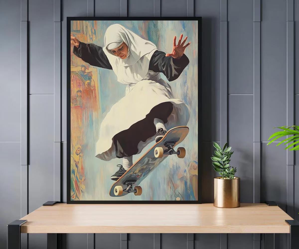 Skateboarding Nun wall art print