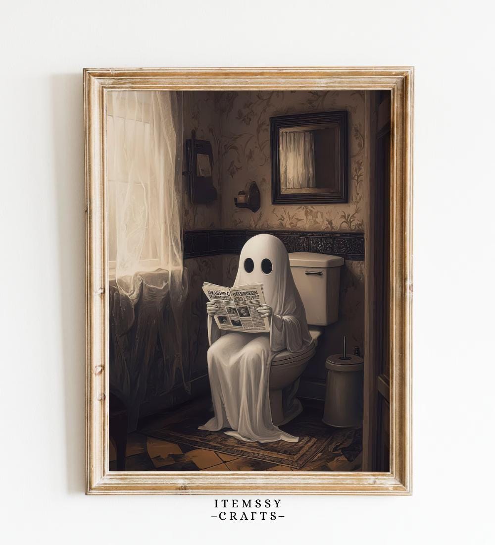 Ghost Reading Newspaper on Toilet wall art print