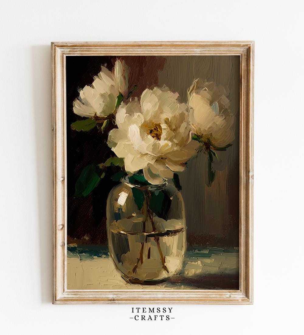 White Peony Glass Vase Oil Painting wall art print