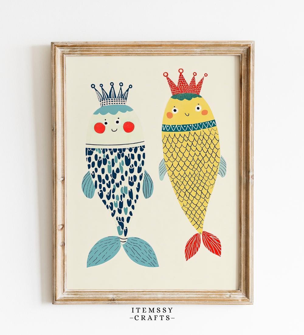 Cute Crown Fish Mermaid wall art print