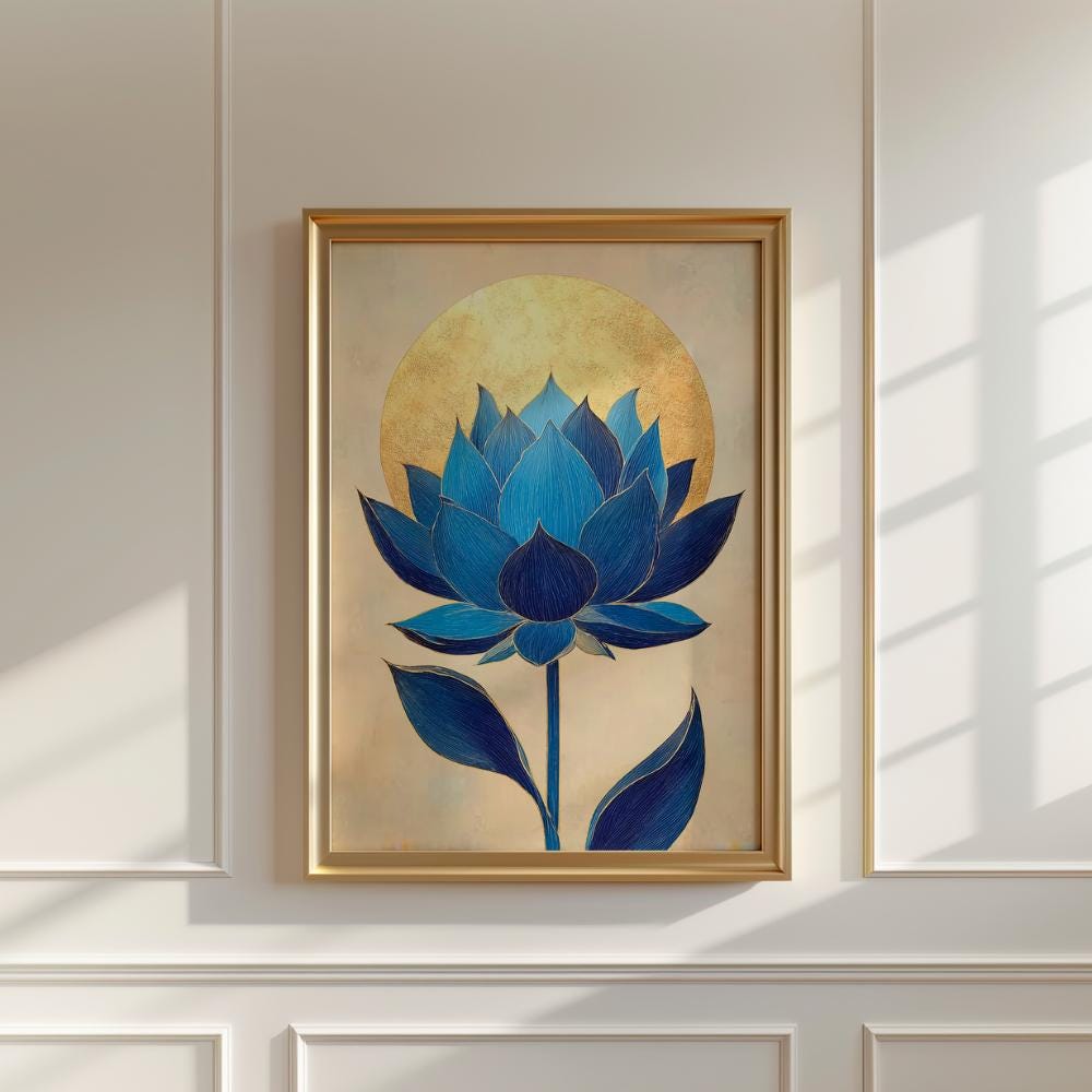 Blue Lotus Gold Sun Botanical wall art print