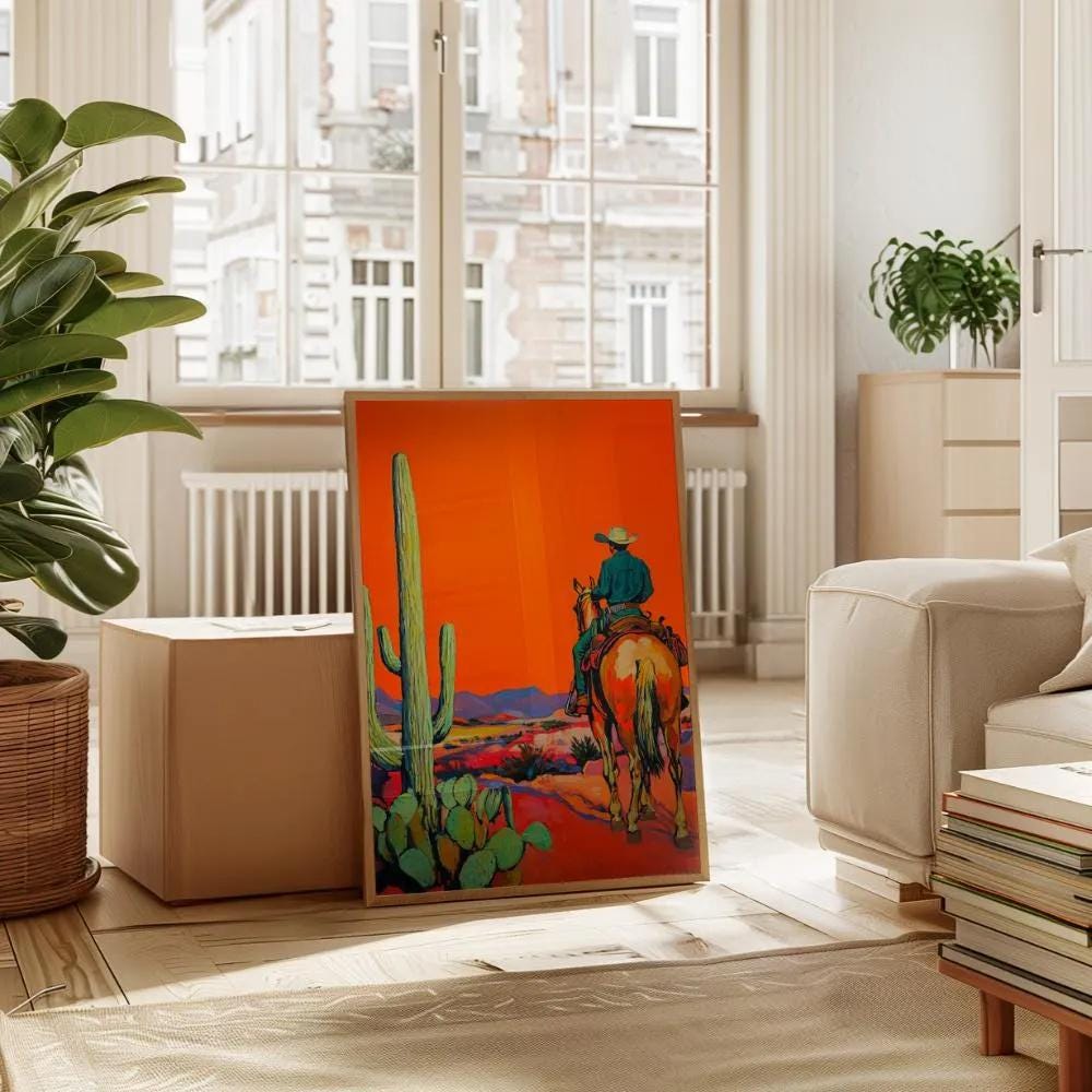 Retro Cowboy Desert Cactus wall art print