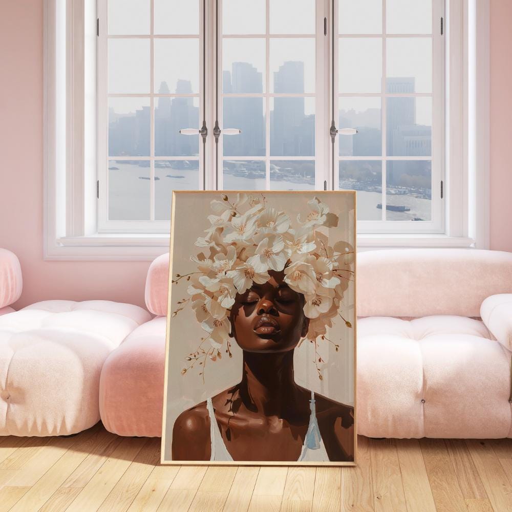Black Woman Floral Crown wall art print