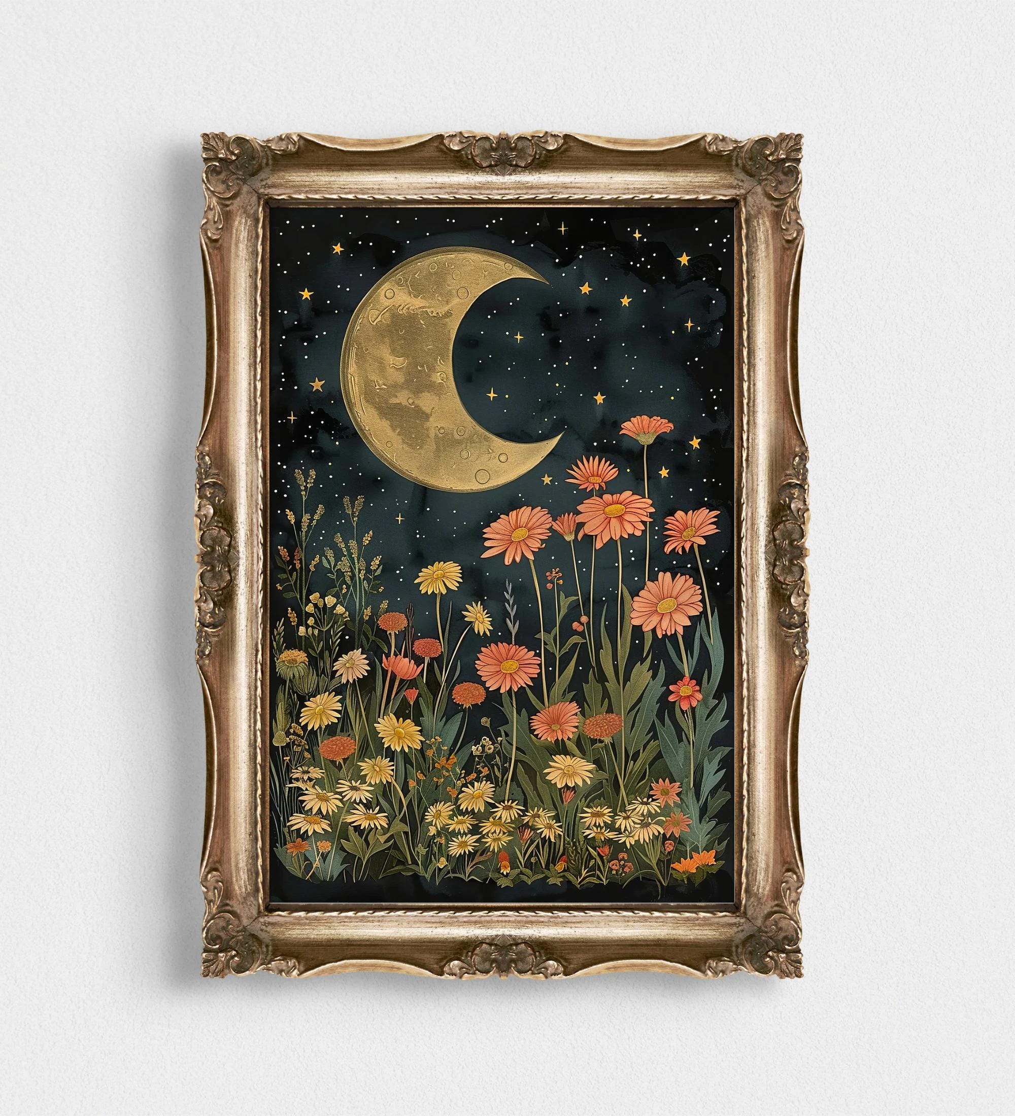 Crescent Moon Wildflower Night wall art print
